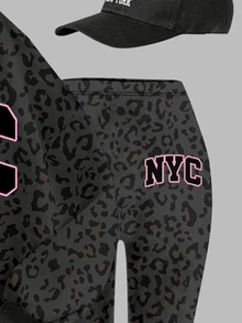 黑粉配色時尚豹紋運動風拼色 NYC 字母圖案女款青少年休閒軟舒適寬鬆圓領套頭衛衣＋內搭褲 2 件套，適合秋冬日常、街頭風、甜酷開學穿搭、美式高街慵懶隨性時尚套裝 - 彩色 - 查看 6