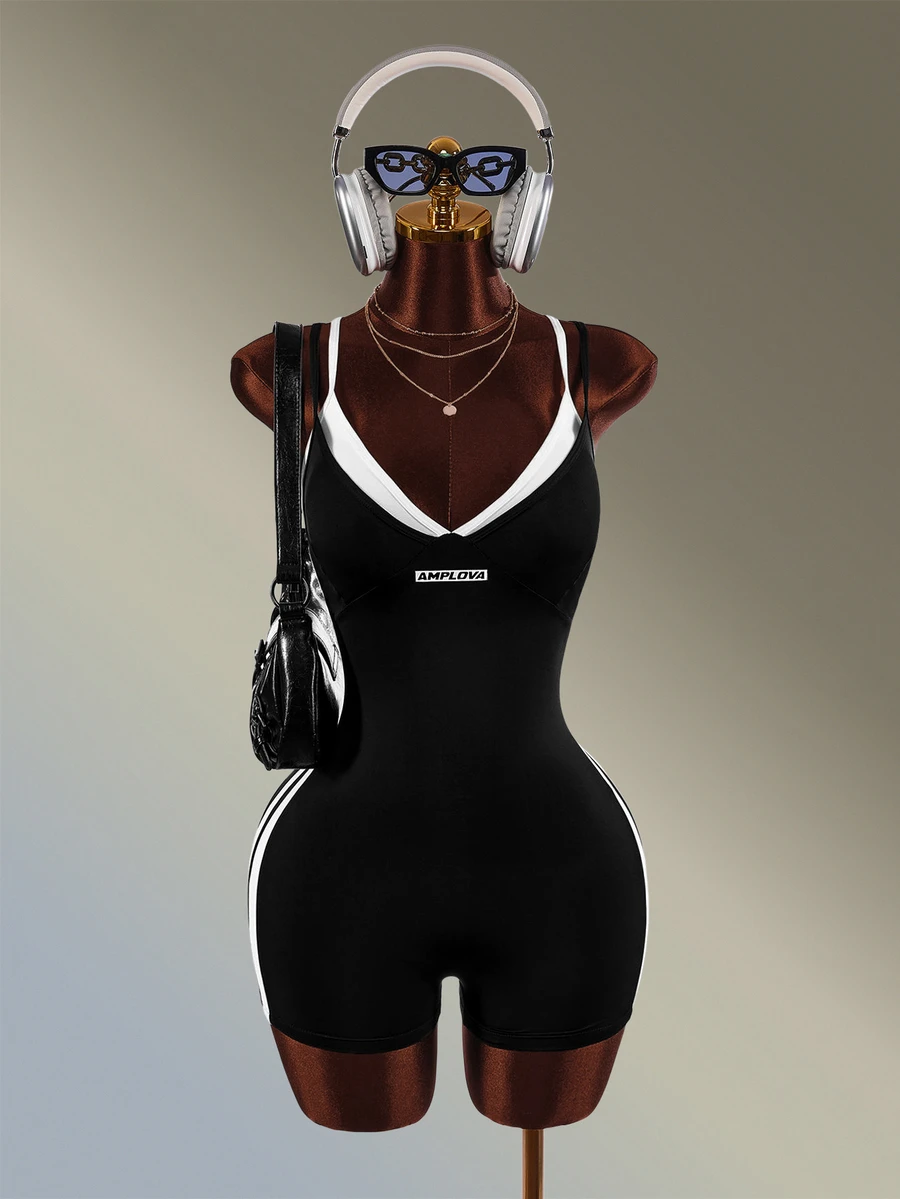 Amplova Women's Striped Colorblock Athletic Romper For Yoga And Fitness - Black - View 1
