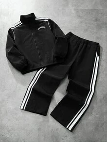 SHEIN 2件組青少年男童寬鬆休閒街頭風白色解構設計立領拉鍊夾克，附大面積背後印花與寬鬆直筒對比條紋運動長褲套裝，適合休閒酷帥街頭風造型 - 黑色 - 查看 3