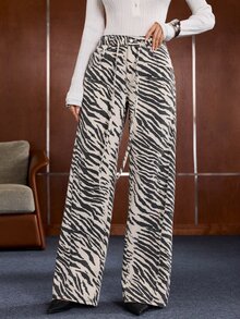 Anewsta Women's Street Zebra Print Straight Leg Pocket Denim Jeans - Black and White - View 4