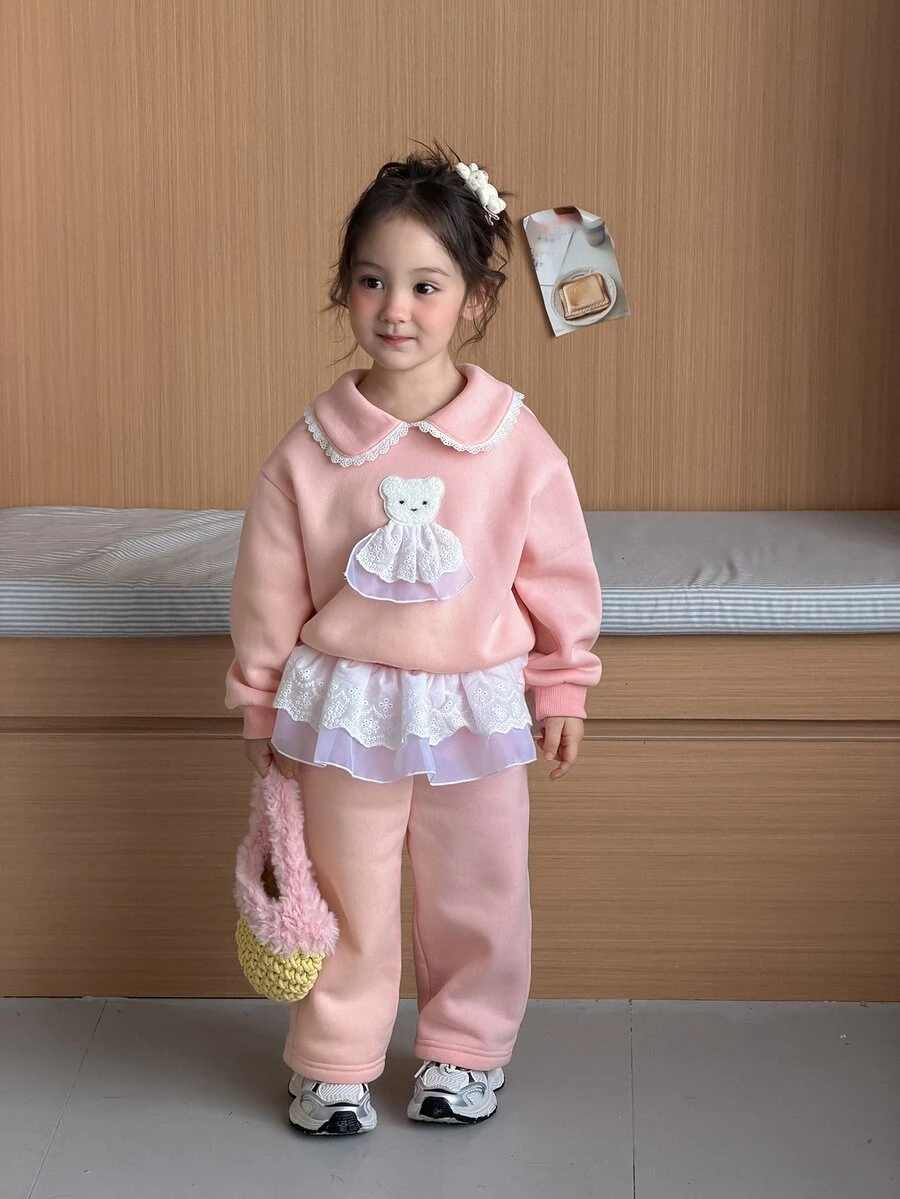 DAZY Setelan Sweatshirt 2 Potong Gaya Korea Kerah Peter Pan untuk Bayi Perempuan, Warna Polos, Kasual Musim Gugur/Dingin - Baby Pink - View 1