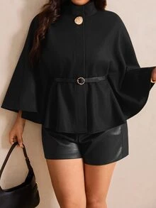 Elaquor Plus Size Women's Solid Color Metal Decor Elegant Cape Overcoat - Black - View 1