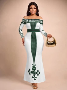 Brilight Geo Print Off Shoulder Long Sleeve Maxi Bodycon Dress Pattern Slim Mermaid Gown For Party Wed - White - View 6