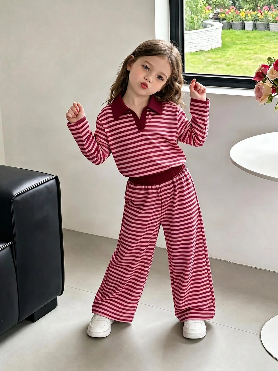 SHEIN Elladie kids 女童棕色領口長袖上衣 + 鬆緊腰長褲套裝，柔軟休閒兒童兩件套服裝，適合周歲、7歲生日、秋季