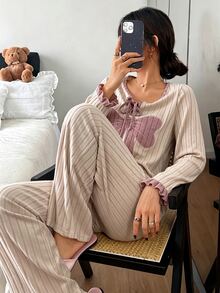 Napfluff Women's Casual Ribbed Knit Front Tie Bow Embroidered Loungewear Pajama Set - Apricot - View 7