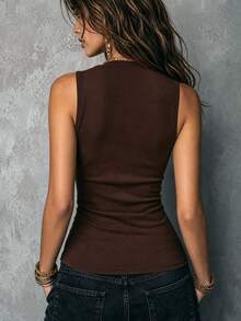 LUMIGAL Women's Stacked Collar Slim Fit Tank Top - Coffee Brown - View 2