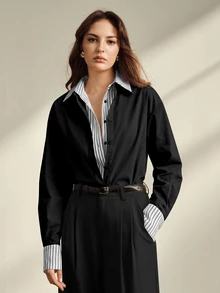 Anewsta 女款新款復古學院風休閒慵懶通勤條紋拼接 2 合 1 Polo 領長袖落肩襯衫 - 黑色 - 查看 4