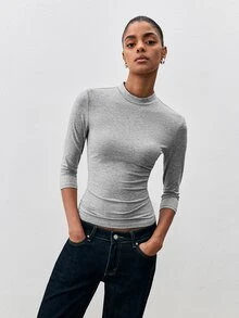 ATUI Studio 女款 3/4 袖 T-shirt，灰色天絲-羊毛-棉混紡小立領上衣 - 辦公室時尚、低調奢華、秋季、極簡主義、職場穿搭、度假旅行 - 灰色 - 查看 3