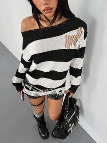 SHEIN ICON Women's Street Sexy Distressed Long Sleeve Striped Sweater - Black and White - View 3