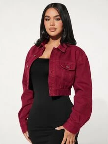 SHEIN SXY 女款前扣長袖牛仔夾克 - 酒紅色 - 查看 2