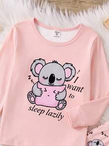[Randomly Send 1set]Girls Fashion New Cute Koala, Rabbit & Star Round Neck Pullover Long Sleeve Top With Rabbit Element Pattern All-Over Print Long Pants, Knitted Fabric Comfortable Soft High Elasticity Slim Fit 2 Pieces Set Loungewear - Multicolor - View 4
