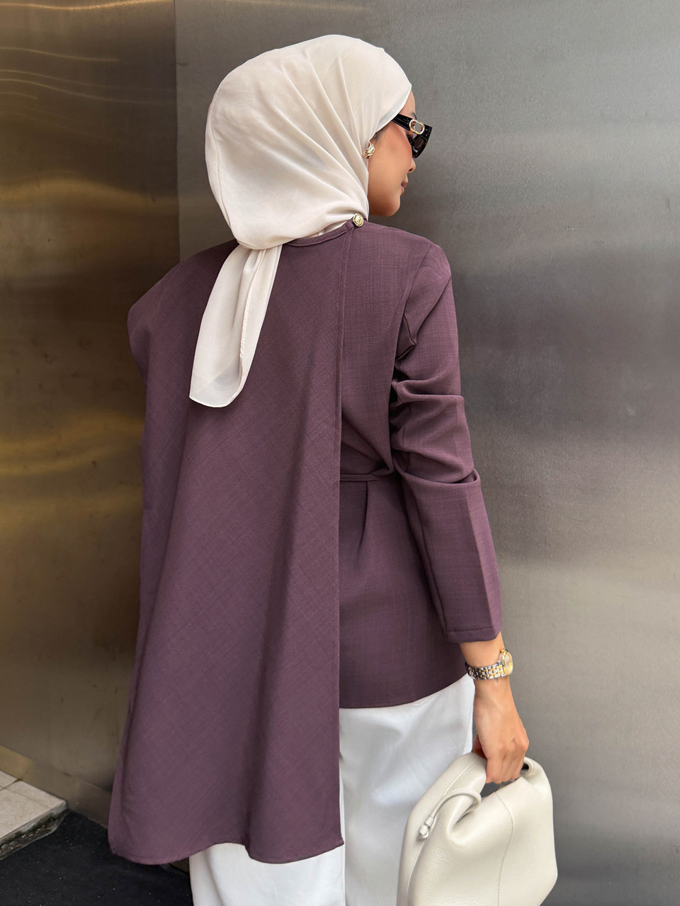 Women's Autumn Purple Round Neck Asymmetric Cross Tie Loose Bell Sleeve Design Casual Commute Blouse
