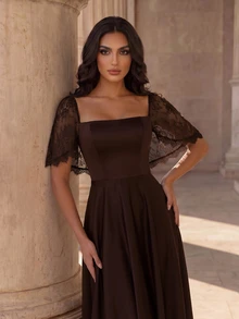 Coutiva Women's Lace Patchwork Elegant Waist-Cinching Formal Prom Graduation Evening Gown Dress Brown Fall - Coffee Brown - View 7