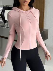 Muchica Women's Pink Slim Fit Hooded Zip Up Cropped Brushed Sports Jacket Gym Jacket Workout Jacket Yoga Jacket Sportswear Activewear Breathable Fall Winter - Coral Pink - View 2