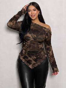 SHEIN CURVE+ Brown Tie-Dye Floral Hem Asymmetrical Shoulder Plus Size T-Shirt - Multicolor - View 3