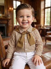 Baby Boy Gentleman Striped Pony Print Collared Preppy Shirt And Shawl 2 Pieces Set, Suitable For Winter - Khaki - View 4
