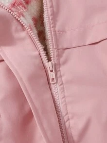 SHEIN 女童甜酷風秋冬加厚抓絨內裡 3D 時尚優雅精緻極簡酷感人造毛領毛絨外套 - 粉色 - 查看 4