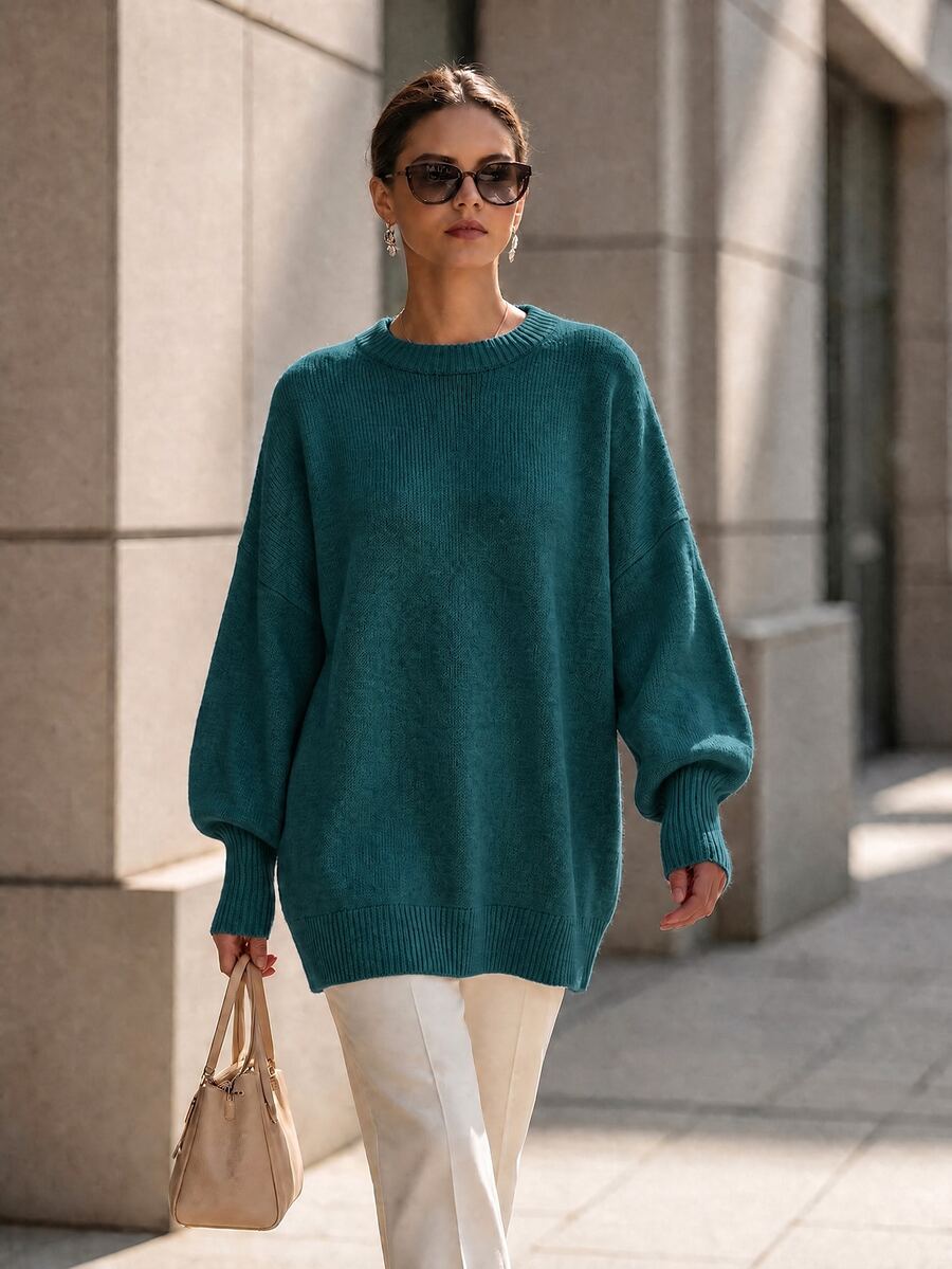 SHEIN Women's Round Neck Long Sleeve Loose Solid Color Versatile Minimalist Sweater - Blue - View 1