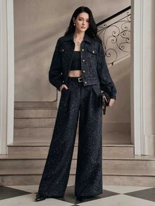 Anewsta Women's Autumn/Winter Modern Versatile Commute Metallic Thread Tweed High Waist Metal Buckle Draped Wide Leg Pants - Navy Blue - View 4