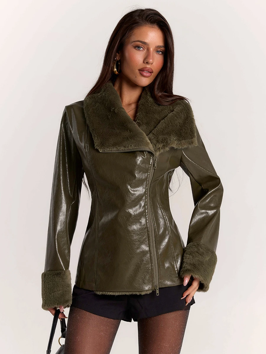 SHEIN BAE Women's Green Lapel Collar Zipper Front Long Sleeve Cinched Waist Versatile Jacket - Army Green - View 1