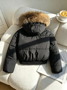 SHEIN 女童加厚保暖內裡黑色連帽外套，腰部拉鍊設計，純色毛領，時尚街頭風，適合戶外活動與日常穿著，長袖冬季外套，酷 Y2K 風格，百搭日常經典，冬季 - 黑色 - 查看 2