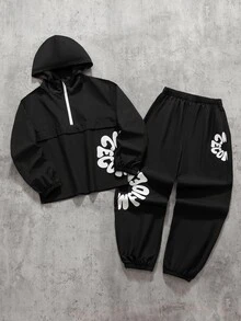 SHEIN Tween Boys Graphic Print Hoodie Set - Black - View 1