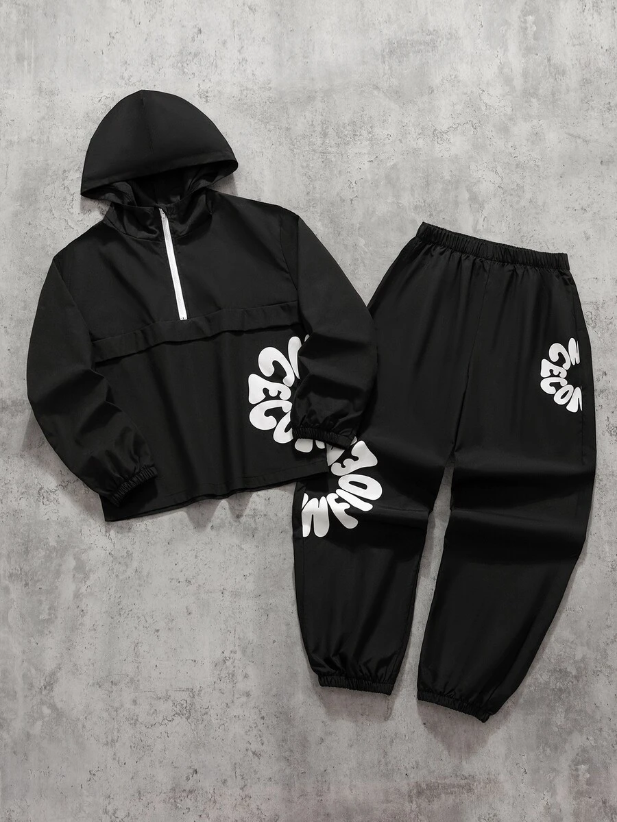 SHEIN Tween Boys Graphic Print Hoodie Set - Black - View 1