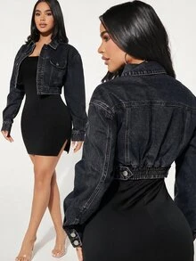 SHEIN SXY 女款時尚短版鈕扣設計牛仔夾克 - 深灰色 - 查看 1