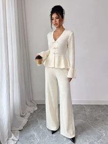 SHEIN Women's V-Neck Button Asymmetrical Hem Long Sleeve Sweater And Casual Wide Leg Loose Pants 2 Pieces Set - White - View 4