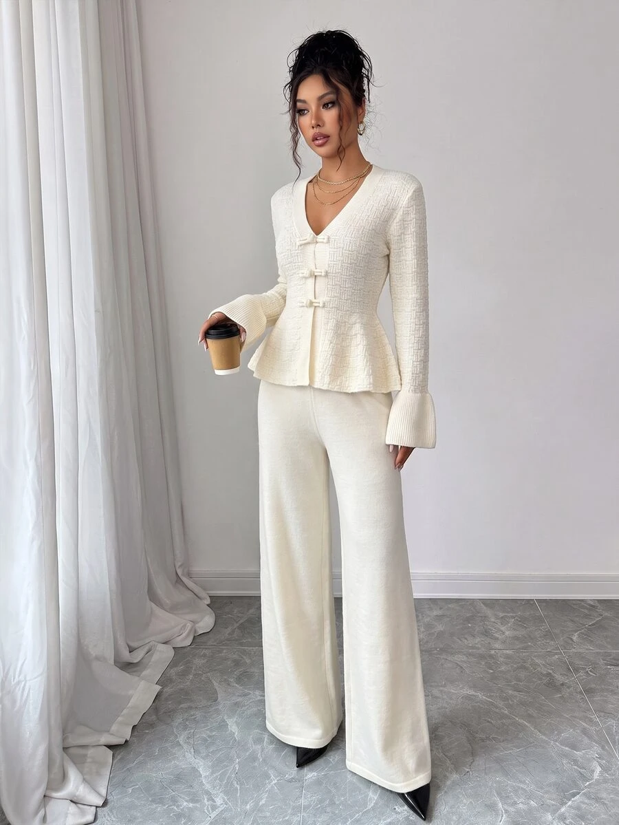 SHEIN Women's V-Neck Button Asymmetrical Hem Long Sleeve Sweater And Casual Wide Leg Loose Pants 2 Pieces Set - White - View 1