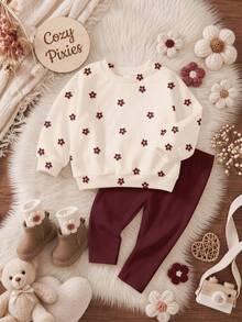 Baby Girls Versatile Cute Sweet Mini Cartoon Floral Pattern Crew Neck Sweatshirt & Brushed Leggings Set, Autumn/Winter Daily, Holiday, Christmas Outfit - Multicolor - View 4