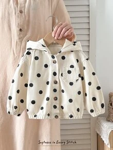 Cozy Pixies 嬰兒與幼兒經典黑白波點圖案落肩寬鬆版型學院風時尚可愛嘻哈街頭風牛仔夾克，適合假期、外出、運動、休閒，舒適百搭日常穿著 - 白色 - 查看 3