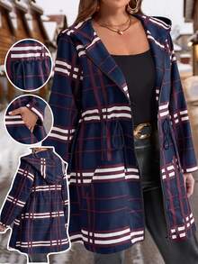 EMERY ROSE Plus Size Women Plaid Drawstring Waist Zip Up Casual Hooded Jacket,Winter Coat Women - Navy Blue - View 1