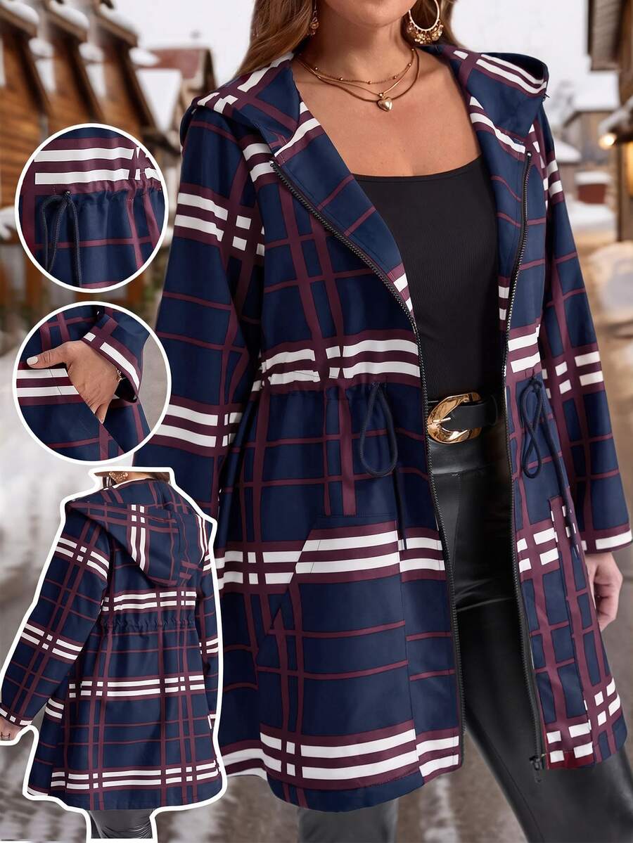 EMERY ROSE Plus Size Women Plaid Drawstring Waist Zip Up Casual Hooded Jacket,Winter Coat Women - Navy Blue - View 1