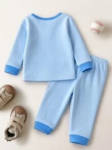 LOONEY TUNES X SHEIN Baby Boy Cartoon Print Long Sleeve Top And Leggings Loungewear Set - Blue - View 2