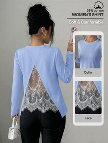 Selianne Women's Elegant Spring/Autumn Sheer Lace Back Design Pullover Long Sleeve Loose Fit T-Shirt - Blue - View 1