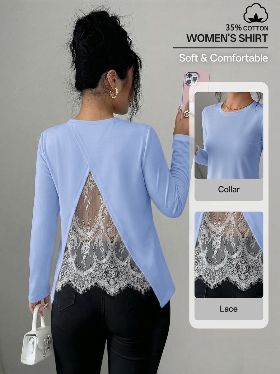 Selianne Women's Elegant Spring/Autumn Sheer Lace Back Design Pullover Long Sleeve Loose Fit T-Shirt - Blue - View 1