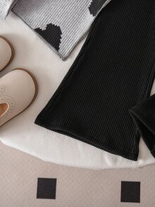 SHEIN Elladie kids 女童休閒T恤套裝，不對稱設計套頭高領深棕色針織羅紋布料袖子極地絨喇叭褲，2件套秋季 - 灰色 - 查看 5