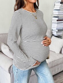 SHEIN 孕婦條紋圓領長袖休閒哺乳上衣 - 白色 - 查看 4