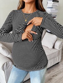 SHEIN Maternity Nursing Striped Colorblock Long Sleeve Minimalist Top - Black - View 1