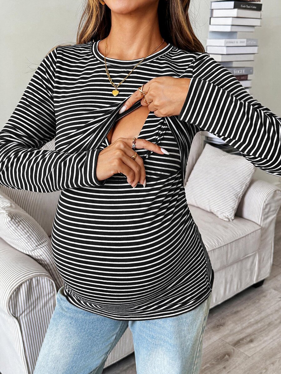 SHEIN Maternity Nursing Striped Colorblock Long Sleeve Minimalist Top - Black - View 1