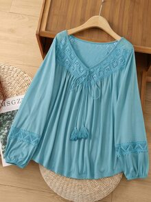 Rusticease Women's Plus Size Vacation Casual Boho Lace Hollow Patchwork Long Sleeve T-Shirt High Tea Vacation Light Blue Fall Beach Going Out - Blue - View 5