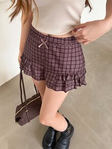 K-Vae Women's Vintage Maillard Brown Plaid Bow Ruffle Shorts - Brown - View 3