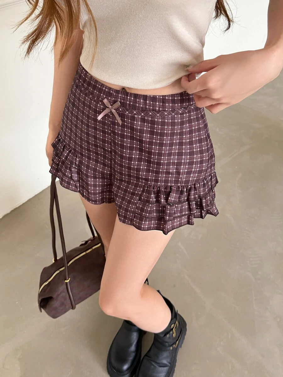 K-Vae Women's Vintage Maillard Brown Plaid Bow Ruffle Shorts - Brown - View 1
