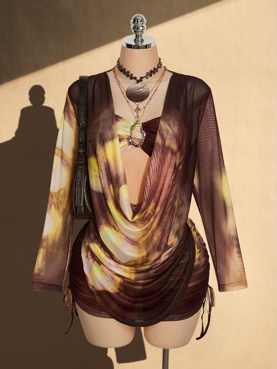 SHEIN ICON 大尺碼 Y2K 性感魅力復古套裝,復古豹紋花卉網紗,抹胸上衣、抽繩裙、罩衫 3 件組,海灘俱樂部,秋季棕色 - 棕色 - 查看 1