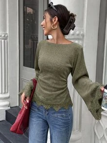 Flora Isola Flora Isola 女款標準尺寸秋冬收腰抓褶蕾絲飾邊拼接休閒通勤T恤上衣 - 軍綠色 - 查看 5