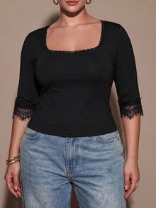 SHEIN BAE CURVE Plus Size Women's Sexy Square Neck Lace Fitted Long Sleeve Top With Lace Trim, Bow Detail On Chest , Cropped Cut Black Casual,Thanksgiving,Basics Top - Black - View 6