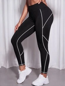SHEIN Core Rhythm Women's High Waist Colorblock Sports Leggings - Black and White - View 2