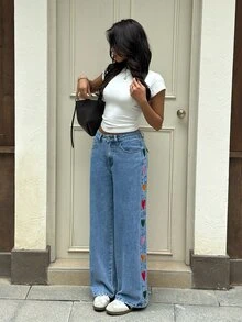 Rivivi Petite 女款鈕扣半開襟雙口袋愛心印花休閒時尚牛仔褲 - 藍色 - 查看 3