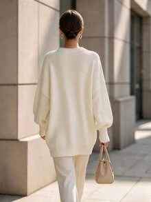 SHEIN 女款休閒極簡純色圓領長袖針織衫 - 米色 - 查看 2